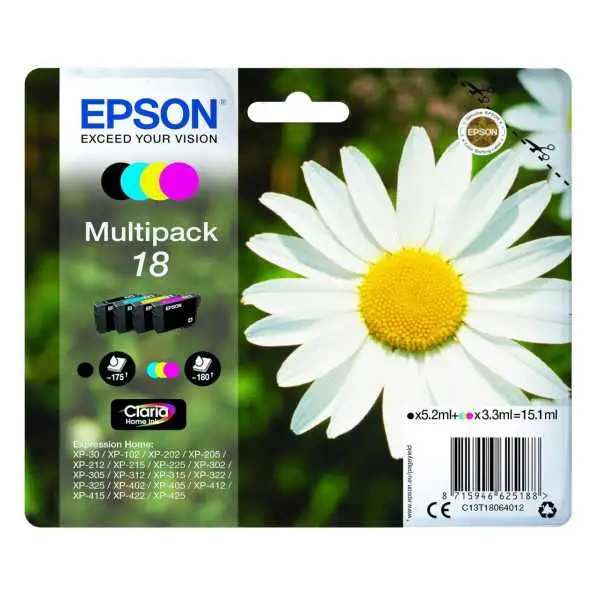 Epson 18 Noir couleur Pack de 4 Cartouches d'encre d'origine