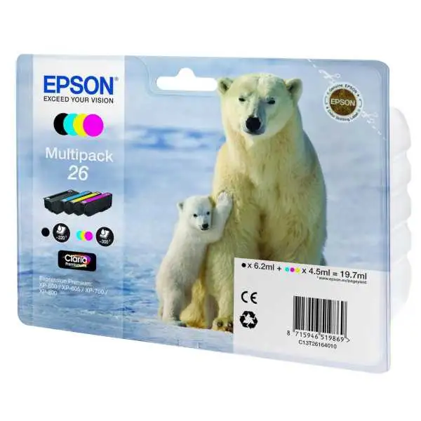 Epson 26 Noir couleur Ours polaire Pack de 4 Cartouches d'encre d'origine