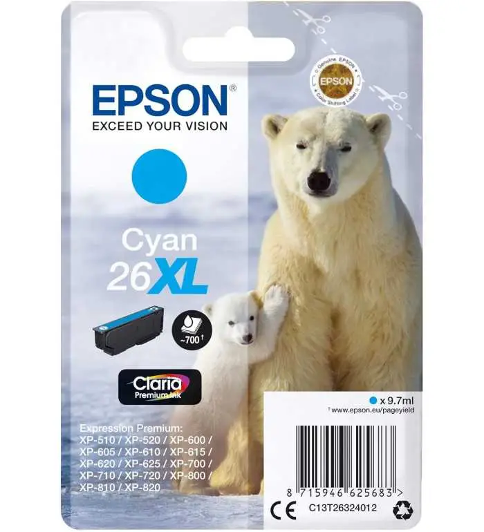 Epson 26XL Cyan Ours Polaire Cartouche d'encre d'origine