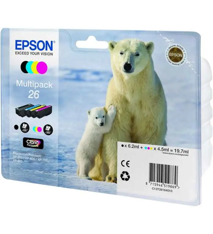 EPSON 26 Noir couleur Ours polaire Pack de 4 cartouches d'encre d'origine