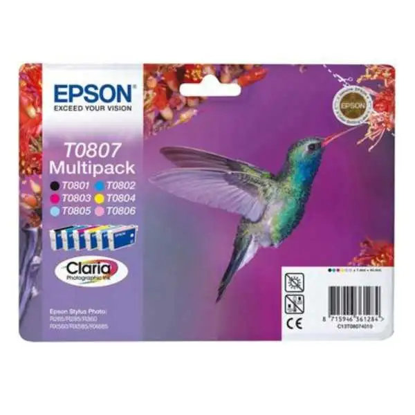 Epson T0807 Noir couleur Colibri Pack de 6 Cartouches d'encre d'origine